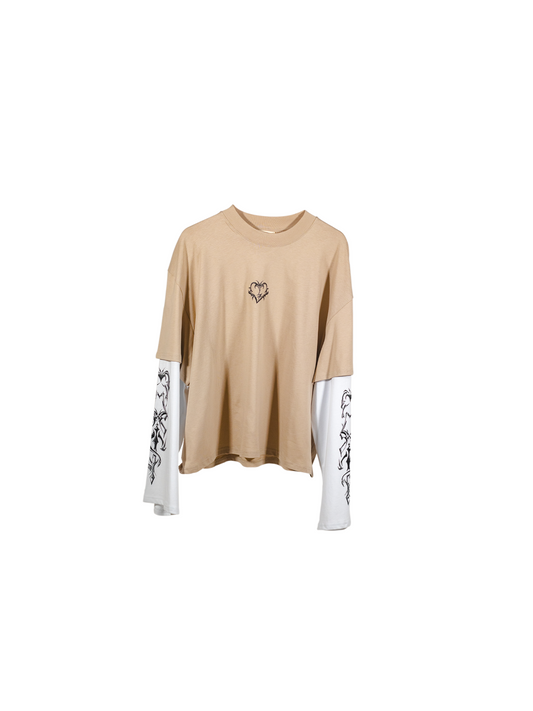 Beige and White Tribal Double Layered Long-sleeve